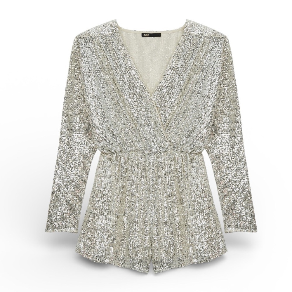 Maje Silver Sequin Playsuit Romper Wrap V Neck Long Sleeve FR 38 US 6 NWT $415 - Picture 4 of 12
